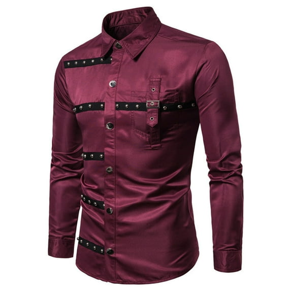 NaWent Men's Gothic Style Design Solid Color Button Pocket Long Sleeved Lapel Shirt Wine 6(M)