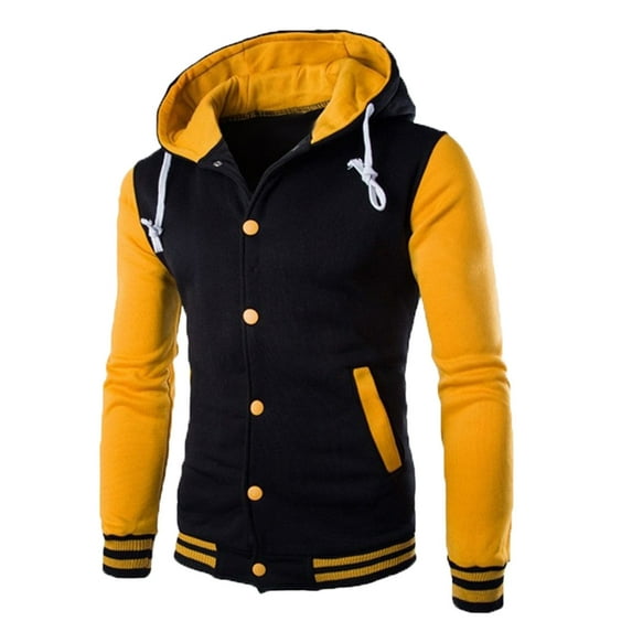 NaWent Men's Hood Varsity Jacket Fashion Casual Button Down Coat Contrast Color Patchwork Baseball Uniform Jackets with Pockets on Yellow 8(L)