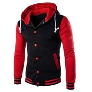 NaWent Mens Hood Varsity Jacket Fashion Casual Button Down Coat Contrast Color Patchwork Baseball Uniform Jackets with Pockets on Red 6M