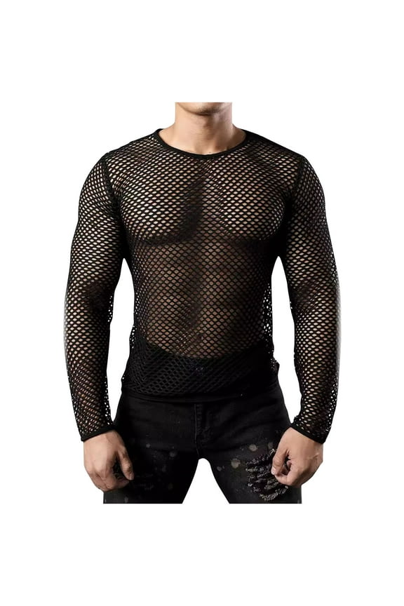 Men's Mesh Fishnet Top Long Sleeve Sheer See Through T Shirt Fitted Muscle Blouse Clubwear Black 8(L)