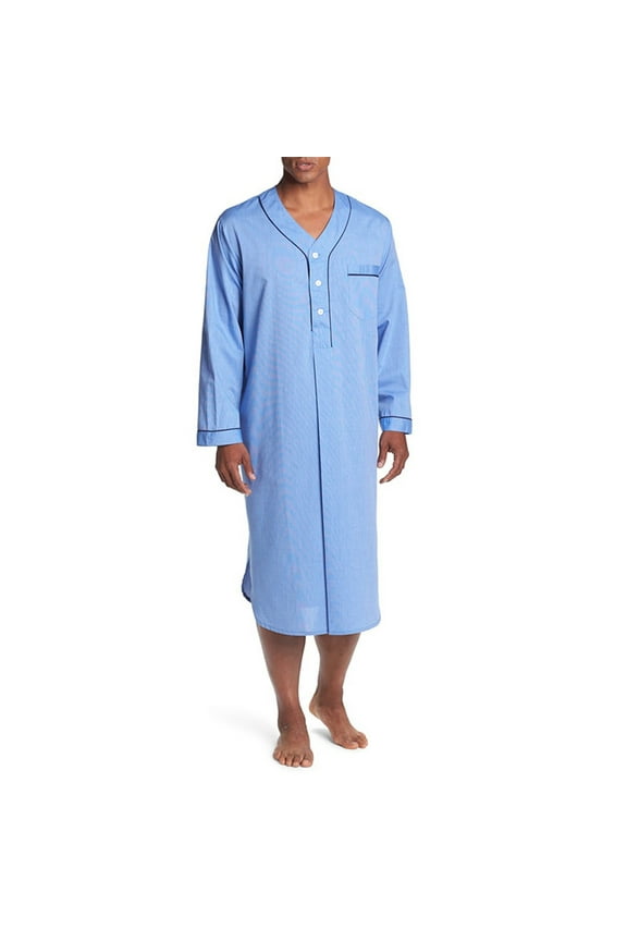 Men's Nightshirt Cotton Sleep Shirt Long Sleeves Henley Nightgown Loose Kaftan Dubai Robe Sleepwear Light Blue 14(XXXL)