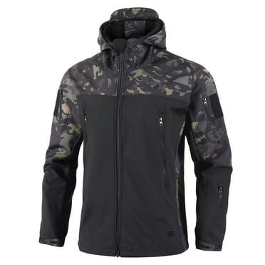 NaWent Men's Soft Shell Military Tactical Jacket Outdoor Camouflage Block Hunting Fleece Hooded Coat Black 10(XL)