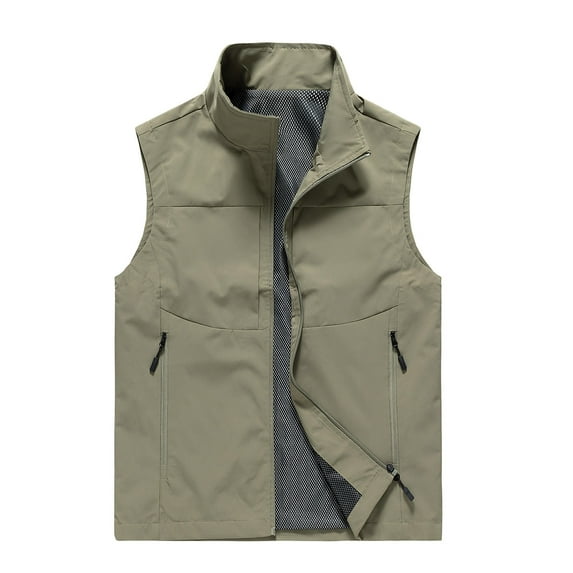 NaWent Men's Solid Color Big Pocket Outdoor Vest Zipper Turn-Down Collar Vest with Muti-Pocket on Khaki 8(XL)