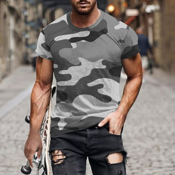 NaWent Men's T Shirts Casual Camo Printed Lightweight Quick Dry Plus Size Crewneck Short Sleeve Military Hunting Tees Gray 12(XXL)