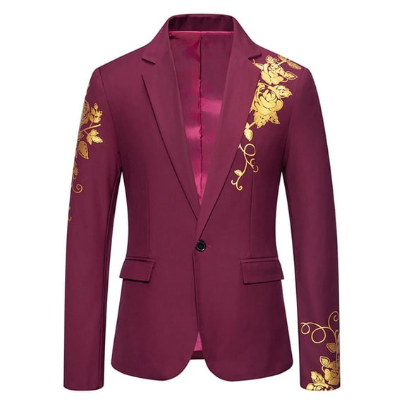 NaWent Men's Vintage Floral Blazer Slim Fit Two Button Turn-Down Collar Long Sleeve Party Jacket Sports Coat Business Lapel Suit on Wine 6(L)