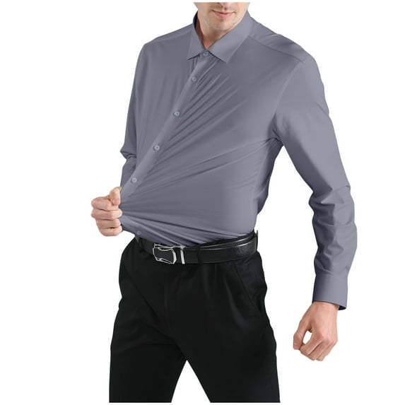 NaWent Mens Banded Collar Dress Shirts Long Sleeve Stretch Turndown Collar Dress Shirts for Men Casual Button Down Shirts on Gray L
