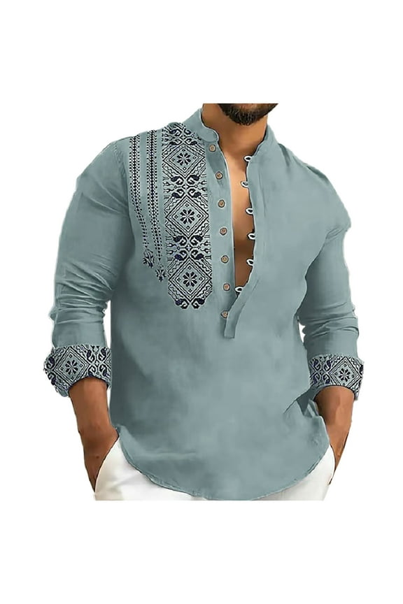 Wioihee Mens Button Up Cotton Linen Henley Shirt Long Sleeve Hippie Casual African T Shirts Floral Print Beach Party Hippie Yoga Tops Gray 8(L)