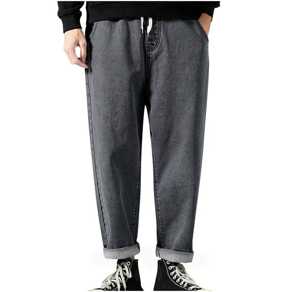 NaWent Mens Casual Loose Fit Elastic Waist Drawstring Jeans Denim Pants Black 12(XL)