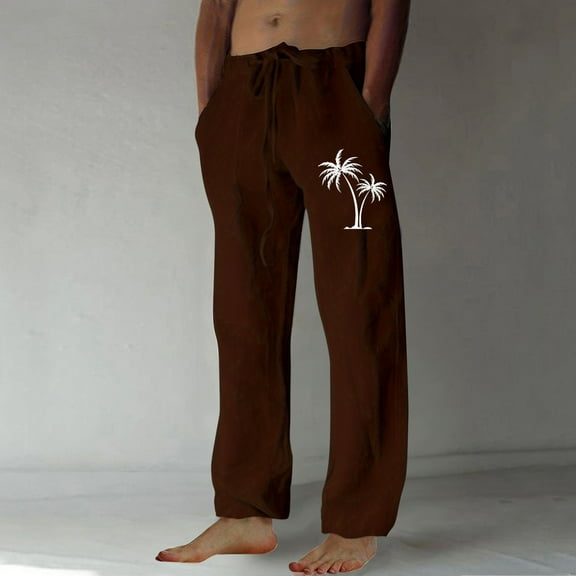 NaWent Mens Cotton Linen Pants Casual Elastic Waist Loose Fit Summer Beach Hawaiian Yoga Trousers Brown 8(L)
