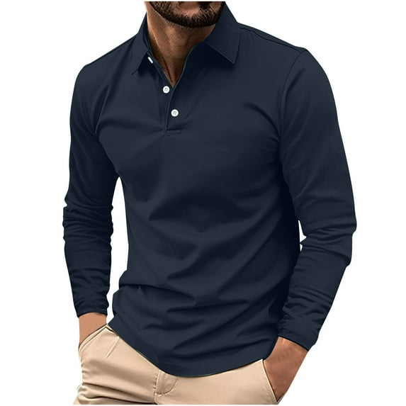 NaWent Mens Fashion Polo Shirts Cotton Classic Long Sleeve thermal Button Shirt with Pocket on Navy 10(XL)