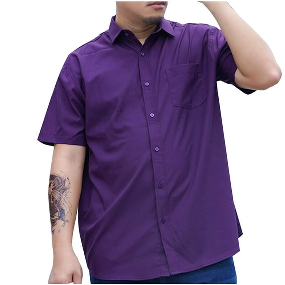 NaWent Mens Shirts Oversized Solid Color Business Have Pockets Button Lapel Loose Short Sleeve Shirt Purple XL