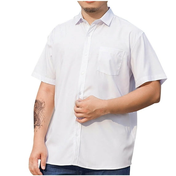 NaWent Mens Shirts Oversized Solid Color Business Have Pockets Button Lapel Loose Short Sleeve Shirt White XL