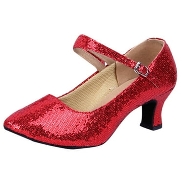 NaWent Mid-High Heels Glitter Dance Shoes Women Ballroom Latin Tango Dance Shoes Red 6(37)