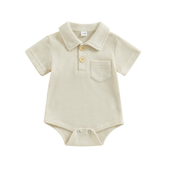 NaWent Newborn Baby Boy Clothes Waffle Knit Polo Romper Bodysuit Solid Short Sleeve Collared Onesie One Piece Jumpsuit on Beige 3 Months