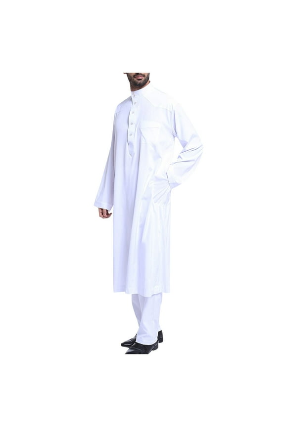 Open Front Muslim Clothes for Men Long Sleeve Islam Middle East Kaftan Islamic Thobe Robe Gown Shirt Dress Arab Wear White 10(XL)