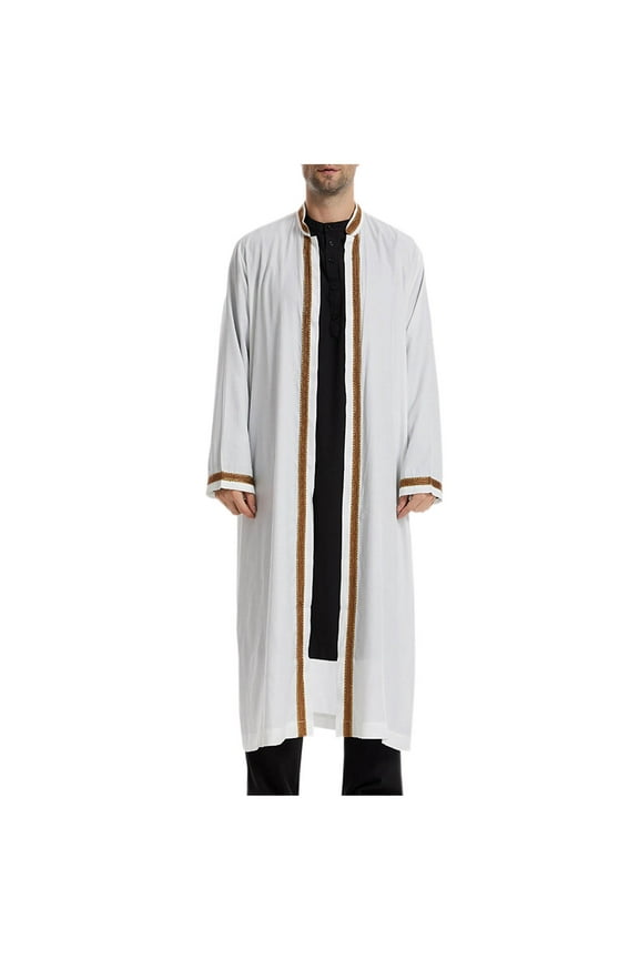 Open Front Muslim Clothes for Men Long Sleeve Islam Middle East Kaftan Islamic Thobe Robe Gown Shirt Dress Arab Wear White 10(XL)