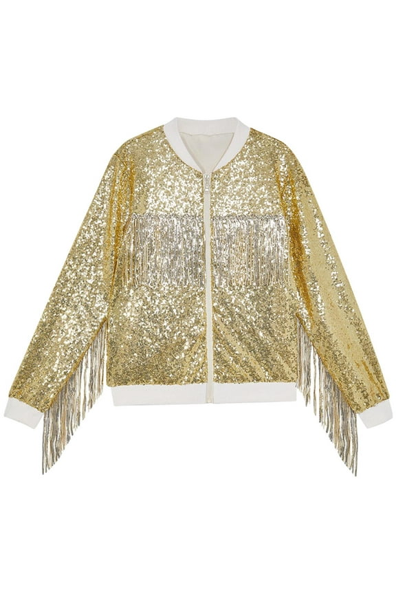 Reduced Boys Girls Sequin Jackets Sparkly Bomber Zip Up Trendy Shiny Coat Fringed Long Sleeve Jacket Gold 6T