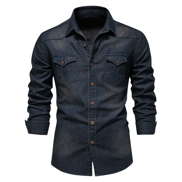 NaWent Reduced Men's Denim Shirt Motorcycle Denim Distressed Solid Color Pocket Button Long Sleeved Lapel Shirt with Chest Pockets Navy XXL