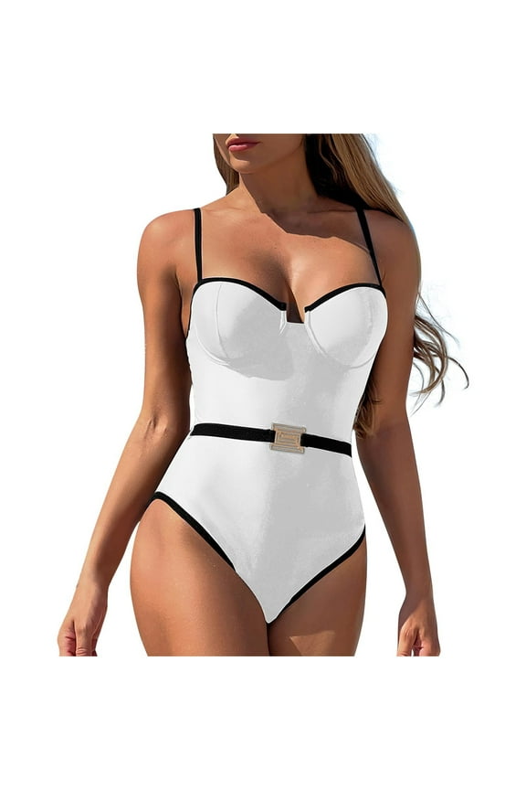 NaWent Reduced Women's One Piece Swimsuits Tummy Control Bathing Suits Color Block Swim Suits Slimming Swimwear White XL