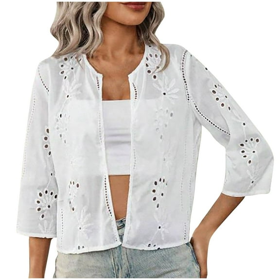NaWent Sale 3/4 Length Sleeve Womens Tops Cardigan Open Front Eyelet Embroidery Lightweight Cardigan Summer Casual Women's Clothing White M