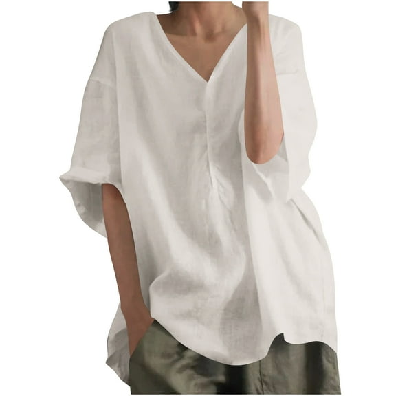 NaWent Sale Cotton Linen Shirts for Women Summer V-Neck T-Shirts Casual 3/4 Sleeve Blouse Top Beige L