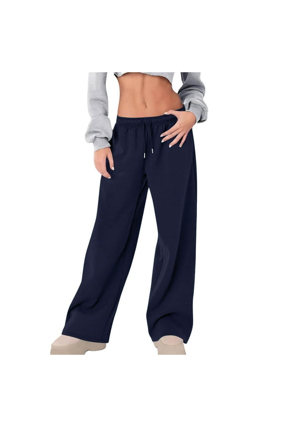 NaWent Sale Women's Sweatpants Drawstring Elastic Waist Wide Leg Sweat Pants Casual Solid Color Running Pants Navy S
