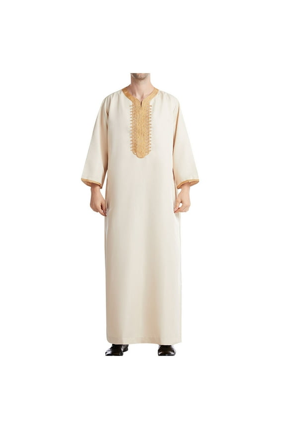 Thobe for Men Islam Middle East Islamic Muslim Dress Clothes Loose Fit Open Front Embroidered Abaya Kaftan Thobe Robe Beige 10(XL)
