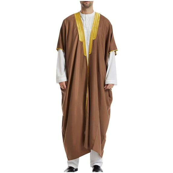 NaWent Thobe for Men Islam Middle East Islamic Muslim Dress Clothes Loose Fit Open Front Embroidered Abaya Kaftan Thobe Robe Coffee 8(XL)