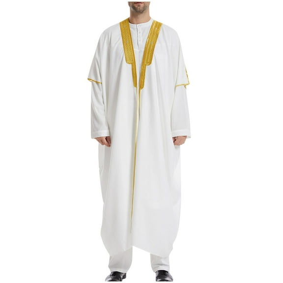 NaWent Thobe for Men Islam Middle East Islamic Muslim Dress Clothes Loose Fit Open Front Embroidered Abaya Kaftan Thobe Robe White 8(XL)