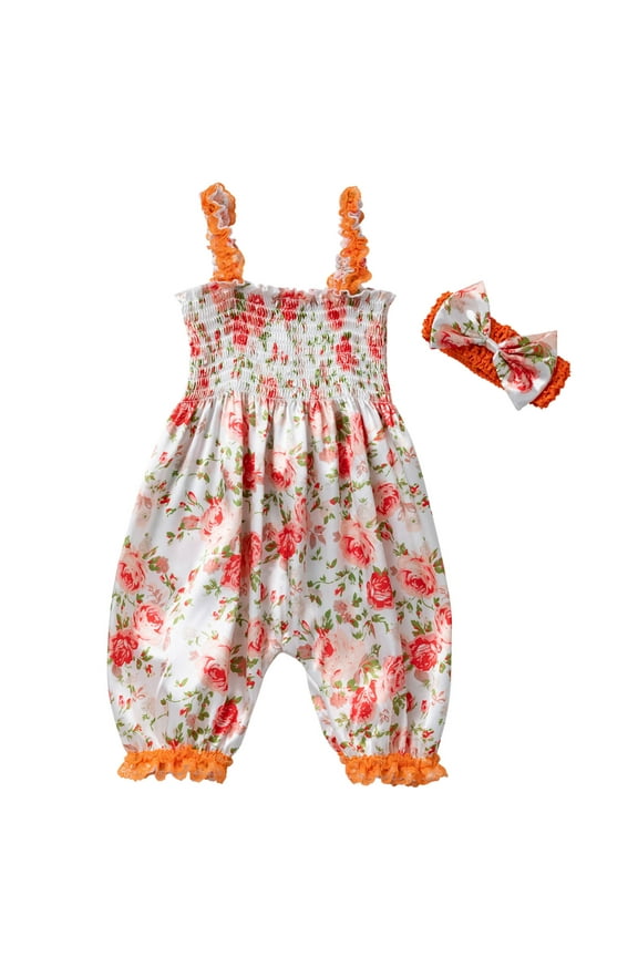 Toddler Baby Girls Flower Print Lace Bow Sling Clothes Cute Bloomers Jumpsuit Red 18-24 Months(80)