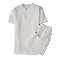 NaWent Up to 30% off Men's Summer 2 Piece Outfits Short Sleeve Shirts and Shorts Cotton Linen Set Teenager Fashion Fallow Two-piece White XL