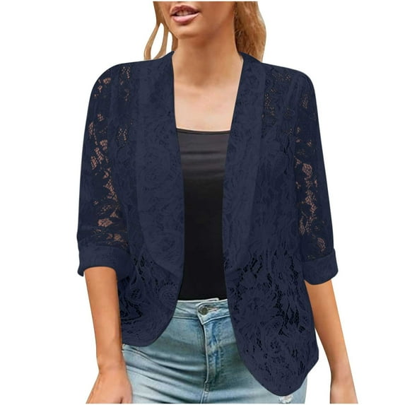 NaWent Up to 30% off Women's Lace Cardigan Open Front 3/4 Sleeve Sheer Elegant Casual Blazer Jacket Navy M