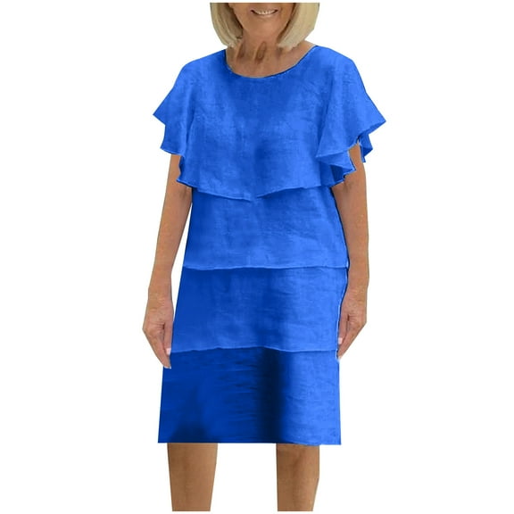 NaWent Up to 30% off Women's Plus Size Dresses Multi-Layered Ruffle Dress Summer Casual Solid Color Shawl Round Neck Dress Blue 3XL