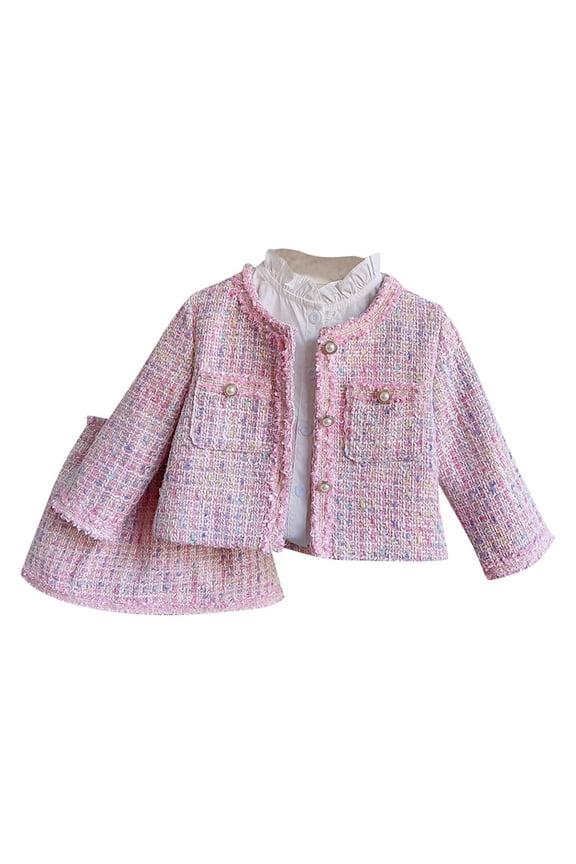 NaWent Girls 2 Piece Outfits Plaid Button Down Front Long Sleeve Tweed Jacket and Skirt Set Pink 8 Years