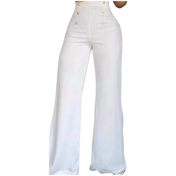 NaWent Up to 65% off Women's 6-Button Trousers Casual Work office Basic Dress Pants High Waist Straight-Leg Long Pants White M