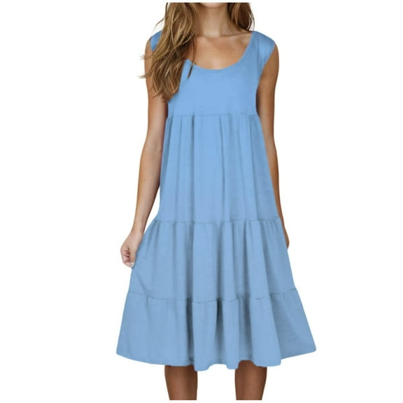 NaWent Womens Dress Fashion Holiday Summer Casual Solid Color Sleeveless Flowy Party Beach Dress Sky Blue M