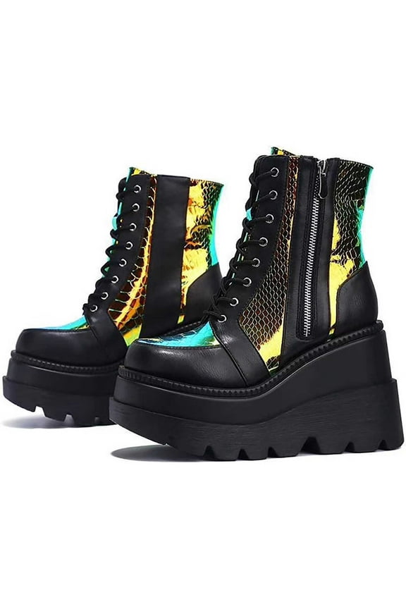 Women'S Burrs Lace Up Chunky Platform Y2k Motorcycle Booties Fashion Chain Decor Platform Combat Ankle Booties Side Zipper Round Toe Non-Slip Goth Combat Boots Black 7.5(40)