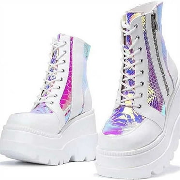 NaWent Women'S Burrs Lace Up Chunky Platform Y2k Motorcycle Booties Fashion Chain Decor Platform Combat Ankle Booties Side Zipper Round Toe Non-Slip Goth Combat Boots White 9.5(43)