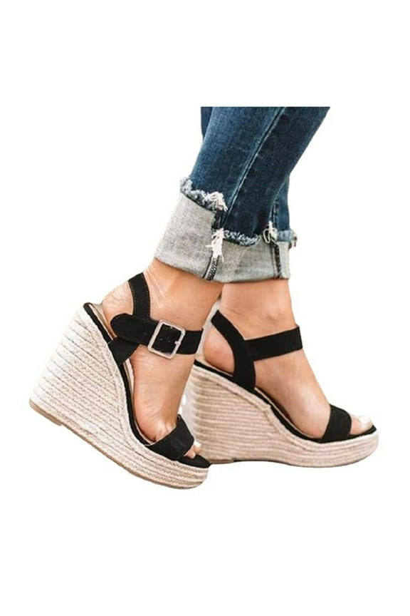 Women's Ankle Strap Wedge Sandal Open Toe Strappy Sandals Espadrille Platform Shoes Black 9(42)