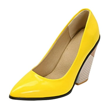 NaWent Women's IN4 Chunky-HI Block High Heels Closed Pointed Toe Pumps Dress office Shoes for Women Yellow 9.5(43)
