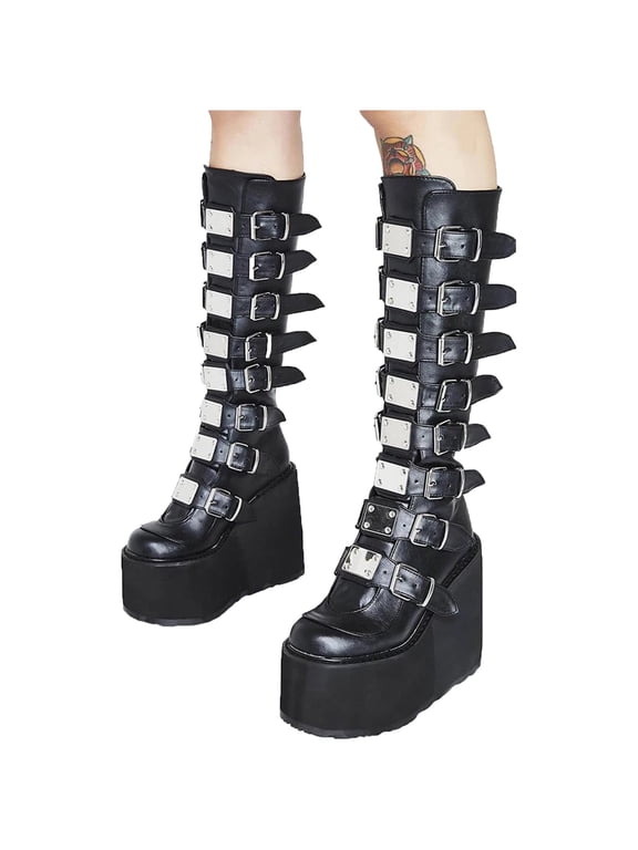 Women's Motorcycle Riding Boots Fashion Leather Metal Buckle Lace Up Knee High Chunky Heel Goth Combat Boots Gothic Punk Low Heel Military Over the Knee Winter Tall Boots for Women Black 6.5(38)