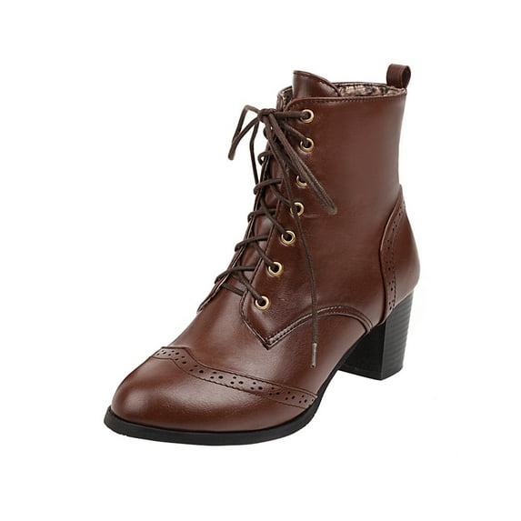 NaWent Women's Shoe Lace Up Stacked High Heel Ankle Boots Brown 7.5(40)