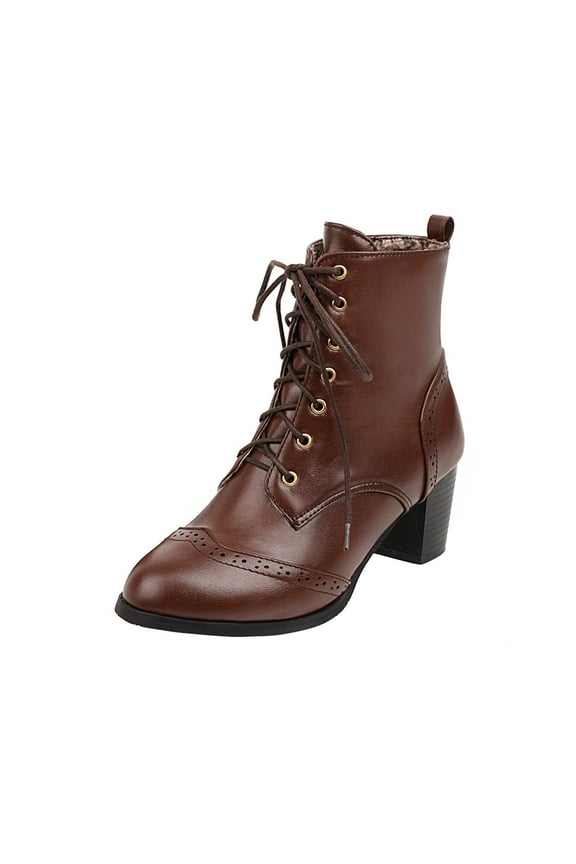 Women's Shoe Lace Up Stacked High Heel Ankle Boots Brown 7.5(40)
