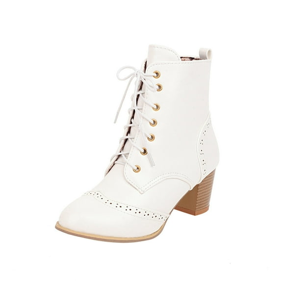 NaWent Women's Shoe Lace Up Stacked High Heel Ankle Boots White 8.5(41)