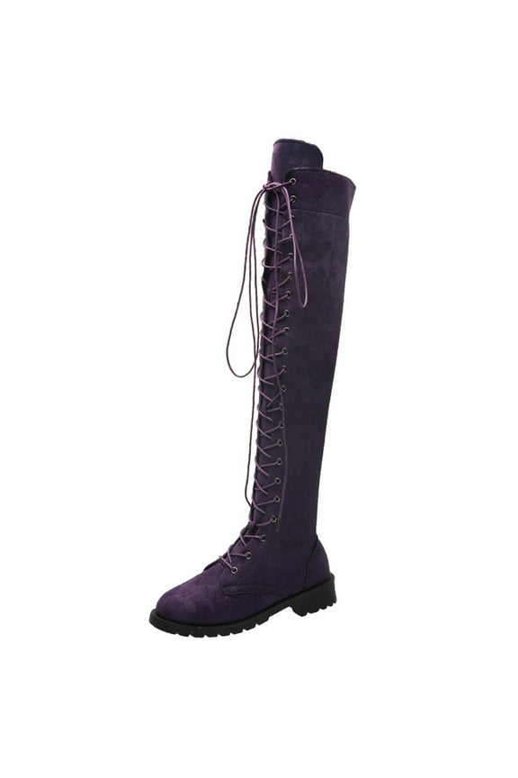 Women's Suede Knee High Boot Ladies Lace up High Chunky Heeled Winter Boots Combat Riding Military Boots for Women Purple 6(37)