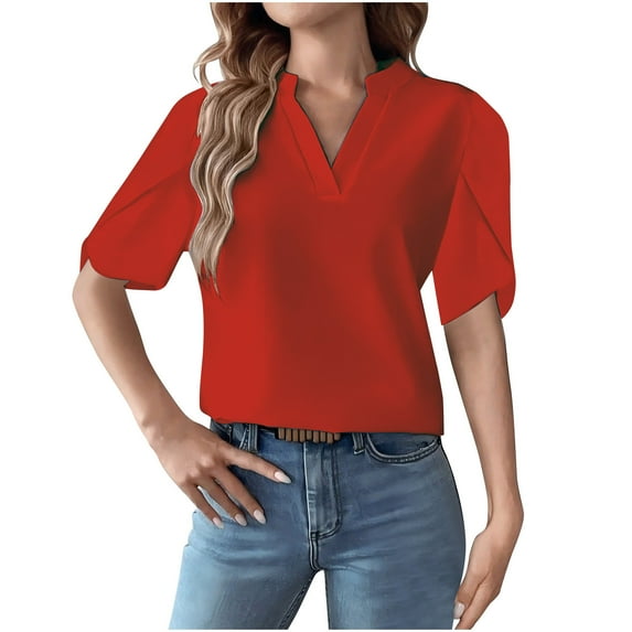 NaWent Women's Summer Tops Clearance Casual Loose Solid Color Short Sleeve V-Neck Top Blouse Red M