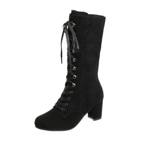 NaWent Womens Boots Retro Lace Up Thick Heels Boots for Women Mid-Calf Warm Comfortable Winter Boots for Women Black 8.5(41)