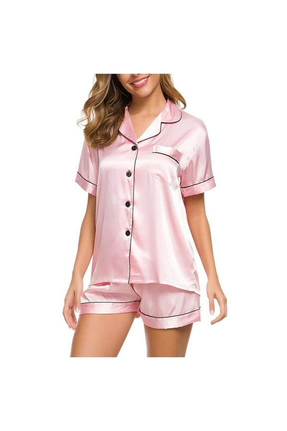 Womens Silk Satin Pajamas Loungewear Two-Piece Sleepwear Button-Down Solid Color Pj Set Pink 6(S)