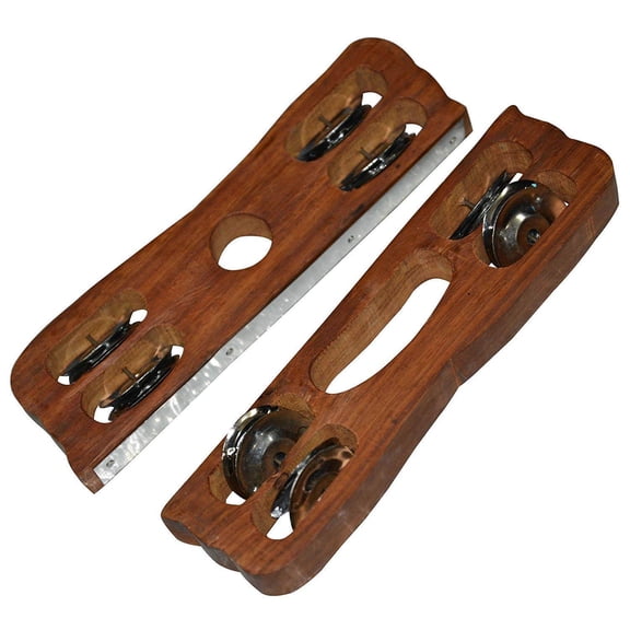 Naad Indian Musical Instrument - Shisham wood Khartal Brass jingles Fibre Dafli/Tambourine 2023 - Natural