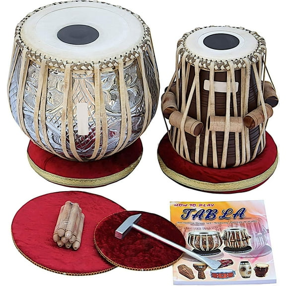 Naad Professional Tabla Drum Set 4 Kg Copper Bayan Designer Finest Dayan with Padded Bag Book Hammer Cushions & Cover - Tabla Set Tabla Drums Tablas Indian Musical Instruments 2023 - Polished